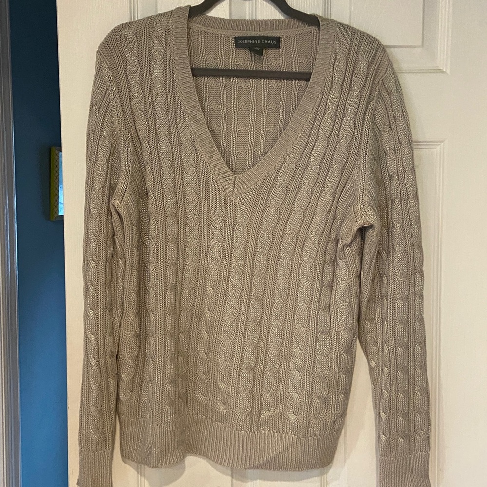 Joseph A Silver V Neck Cable Knit Pullover